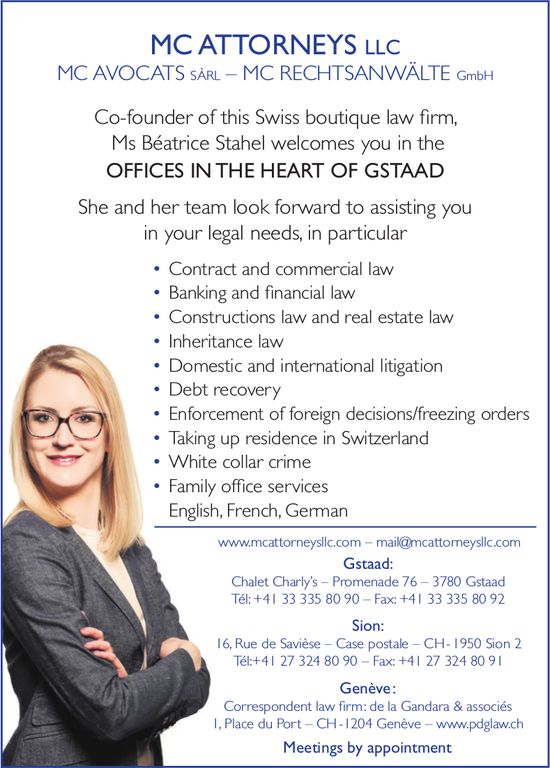 MC ATTORNEYS LLC - Ms Béatrice Stahel welcomes you in the offices in the heart of Gstaad