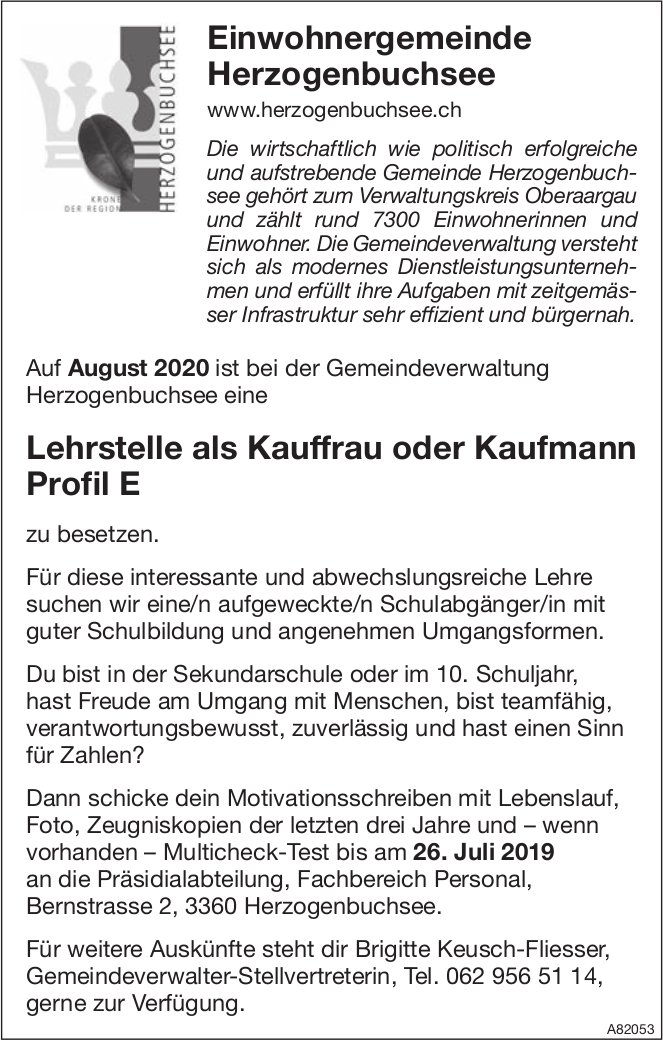 Lehrstelle Als Kauffrau Oder Kaufmann Profil E Gemeindeverwaltung Herzogenbuchsee Zu Vergeben