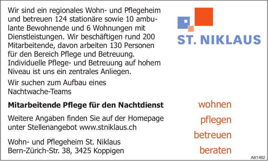 Mitarbeitende Pflege Fur Den Nachtdienst Bei Wohn Und Pflegeheim St Niklaus Gesucht