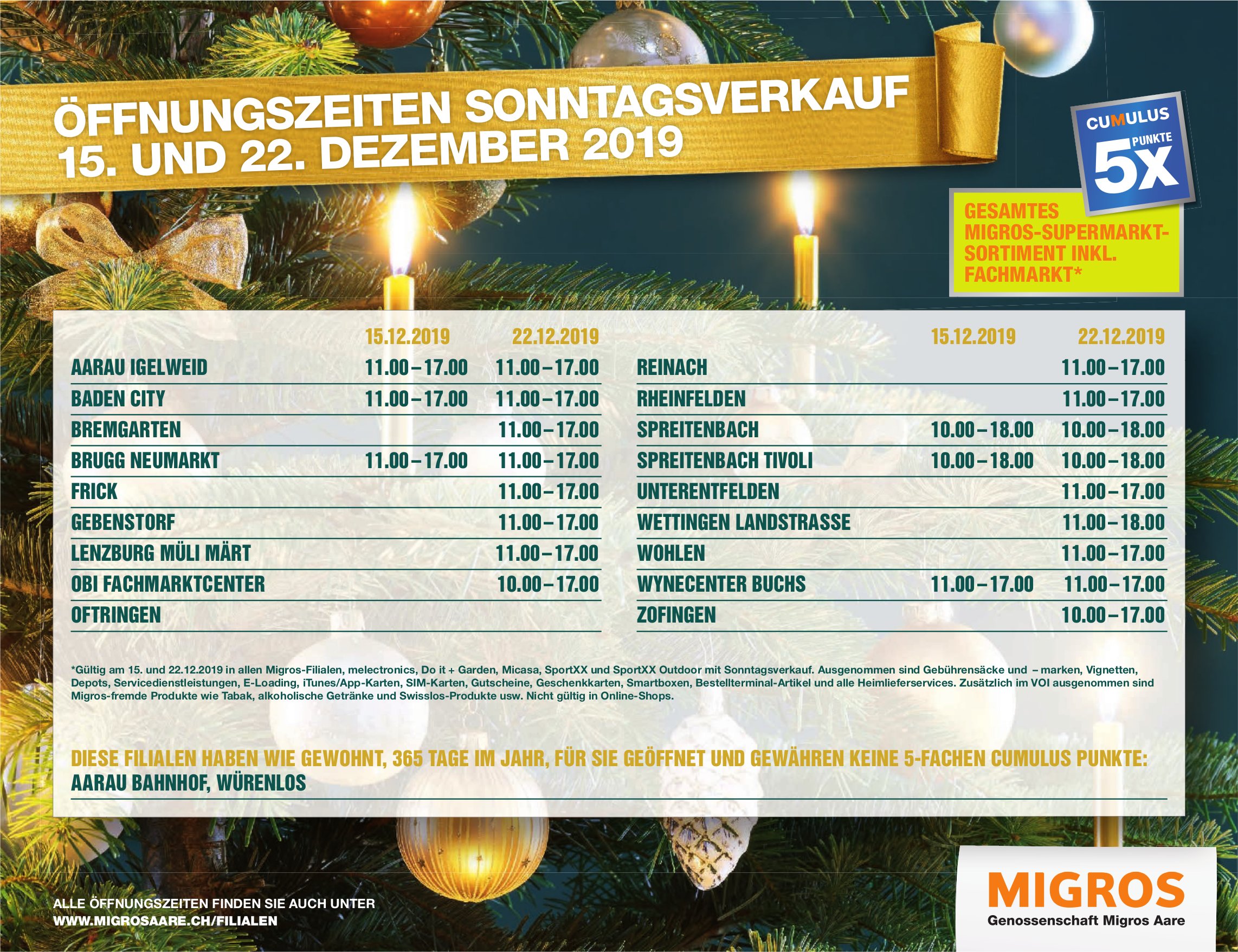 MIGROS ÖFFNUNGSZEITEN SONNTAGSVERKAUF 15. UND 22. DEZEMBER 2019